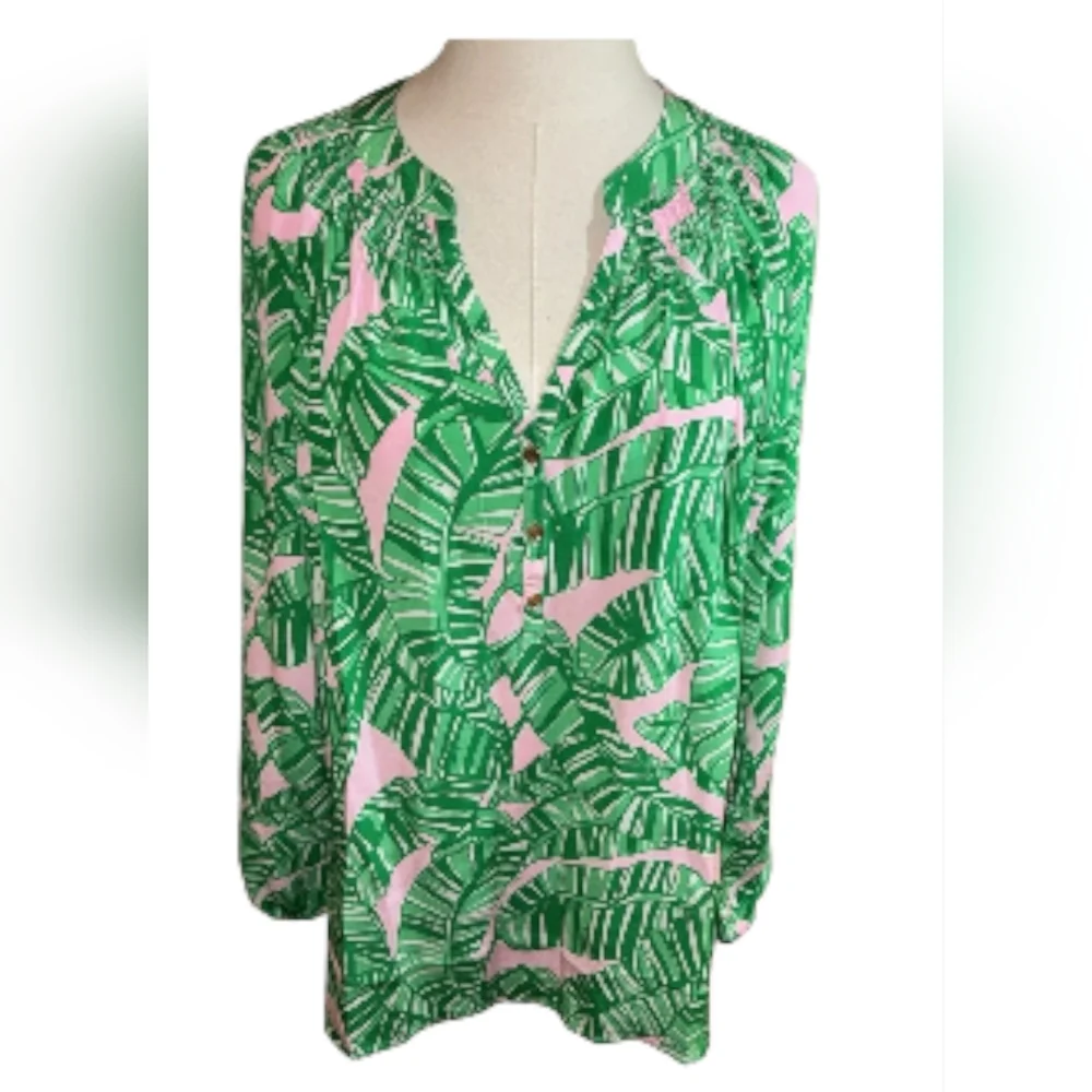 Lilly Pulitzer Elsa Silk Top Conch Shell Pink Lets Go Bananas Size LARGE - Picture 2 of 13